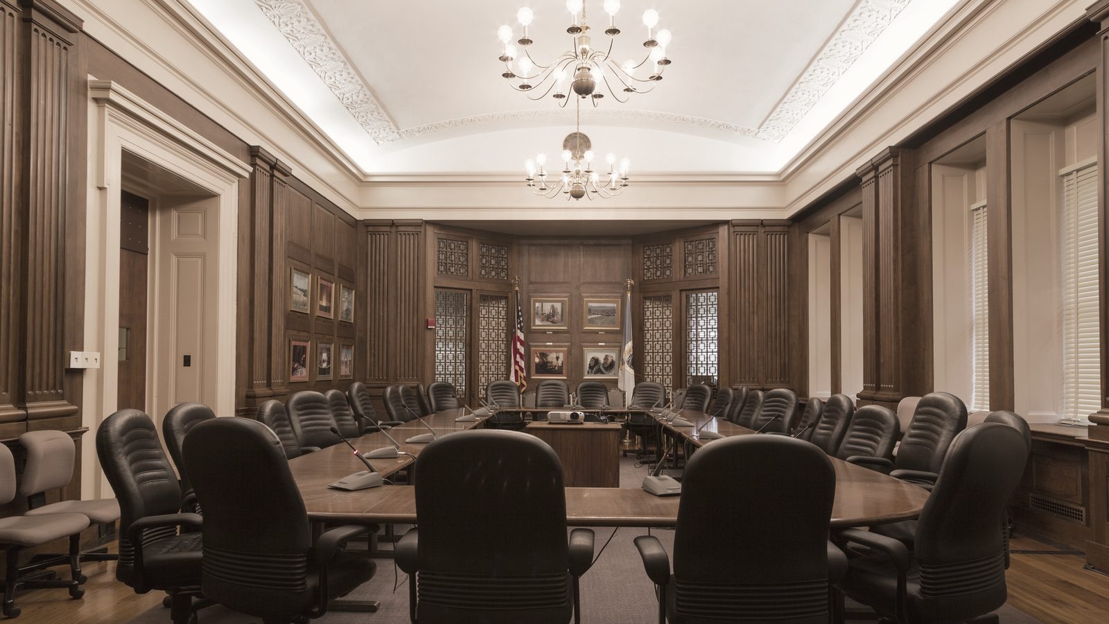 A boardroom prepared for a meeting